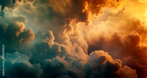 Abstract, clouds and motion in sky with orange in nature with weather, sunrise or sunset in atmosphere. Explosion, nuclear warfare and smog with vapors or fumes in air with radioactive contamination. photo