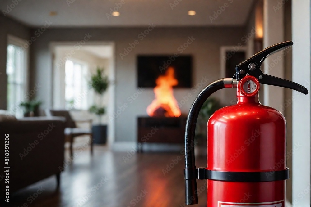 Close-up of a fire extinguisher in the house with a fire burning in the background. Fire safety concept Close-up of a fire extinguisher in the house with a fire burning in the background. Fire safety concept