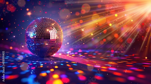 Glowing disco ball with colorful rays of light on dark background, dance celebration concept, party background, posters, placards, invitation design. copy space 
