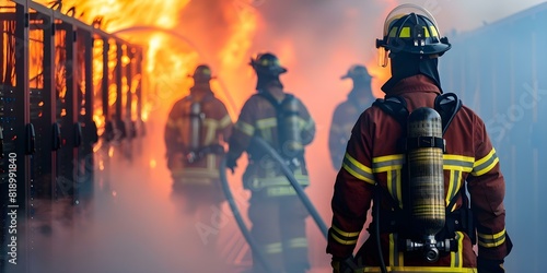 Firefighters combatting data center fire causing unexpected outage and server damage. Concept Data center fire, Unexpected outage, Server damage, Firefighters response