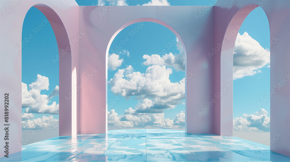 Fototapeta premium Big white clouds and bright colorful arch in the blue sky