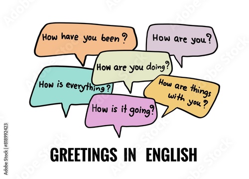 Hand drawn picture of colorful speech bubbles Greetings in English. Hand written font. Illustration for education. Concept, English communication in daily life teaching. Education. Teaching aid. 