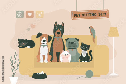 Pet sitting services. Various pets sitting on sofa at home. Overnight house sitter. Domestic animal daycare. Adorable cats, dogs, bird and hamster