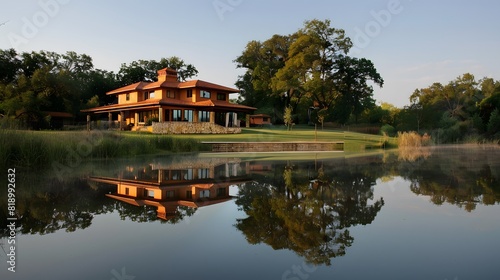 Experience the tranquility of a farmhouse overlooking a shimmering lake, its reflection mirroring the surrounding trees in perfect symmetry. © Ghouri