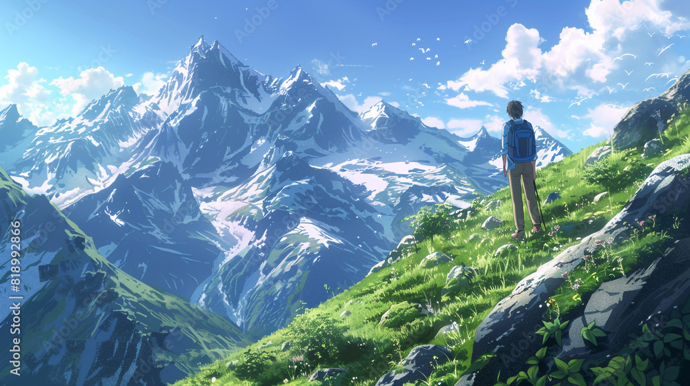 A man traveling in the mountains, calm and peaceful atmosphere. An anime style illustration. 