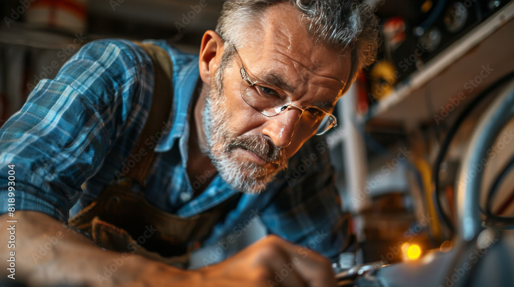 An older man, a mechanic, is intensely focused while working on machinery in his workshop. An older man, a mechanic, is intensely focused while working on machinery in his workshop.