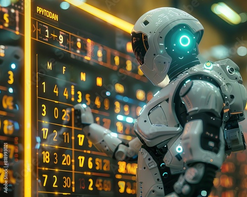 A futuristic robot is analyzing financial data on a large digital display photo