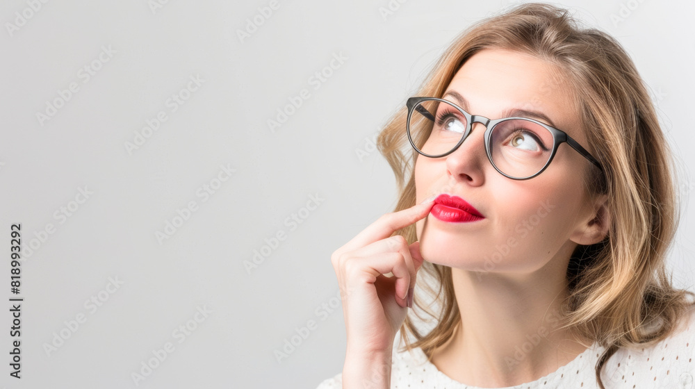 Thoughtful Woman with Glasses Pondering an Idea Thoughtful Woman with Glasses Pondering an Idea