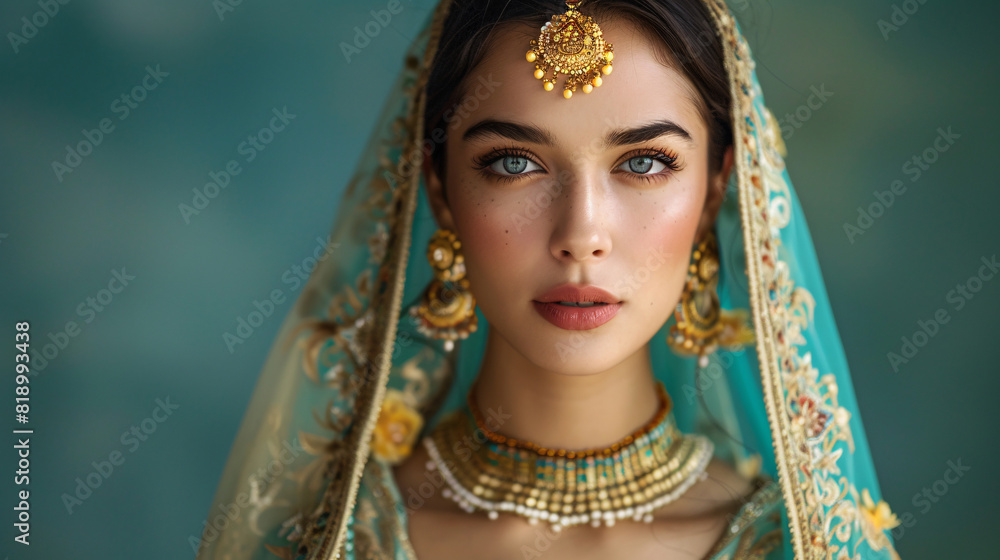 A model wearing a stylish outfit posing confidently against a green background