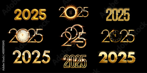 Set of 2025 New Year gold numbers for greeting cards, banners or posters vector illustration. Different 2025 golden numbers templates with glow light effect, clocks and shining ring isolated on black