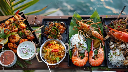 Glistening trays of fresh seafood, marinated in tangy spices and grilled to perfection, served alongside fragrant lemon rice and zesty coconut chutney, against a backdrop of pristine coastal views. photo