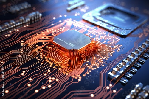electronic circuit board, Microchips and computer boards. Chip for implementation in new technologies. Concept: computer programs and virtual processes.