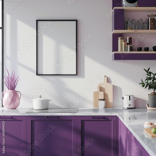 A modern kitchen with purple cabinets and a white marble countertop  frame mockup  3d render  interior background