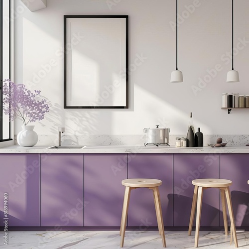 A modern kitchen with purple cabinets, a white countertop, and a large window, frame mockup, 3d render, interior background
