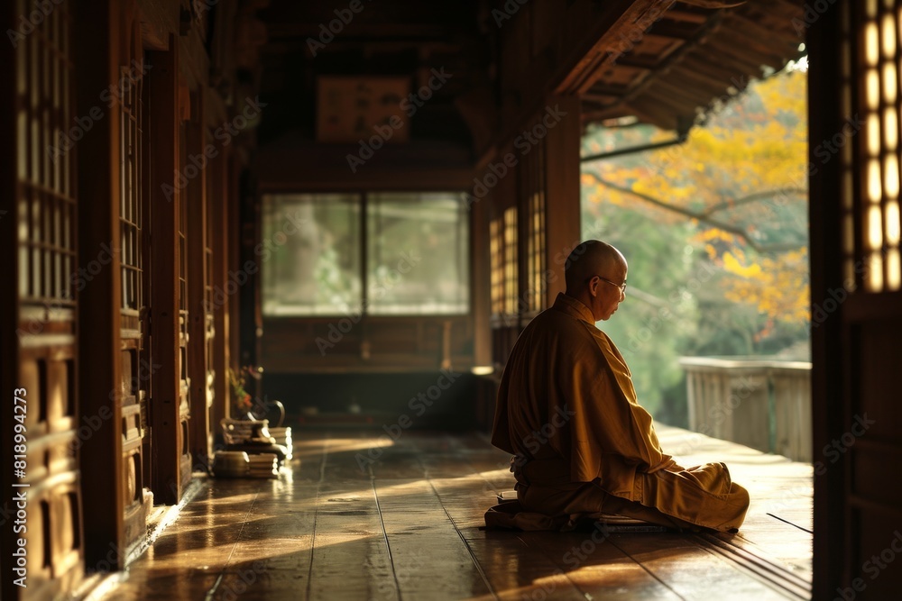 A Zen monk's simple and peaceful life inside a temple, AI generated