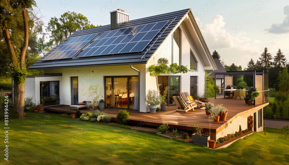 A modern, eco-friendly house with solar panels on the roof, located in ... - Eco Friendly House Plans With Solar