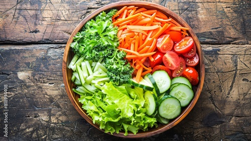 A vibrant salad bowl filled with fresh vegetables, including lettuce, tomatoes, cucumbers, and carrots, topped with a light vinaigrette dressing, photographed from above on a wooden table photo