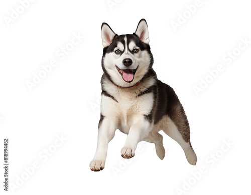 Funny and playful husky or pet dog is playing and jumping and looks happy isolated on transparent background. Little husky dog pretending. Cute and happy crazy dog       head smiling on transparent png