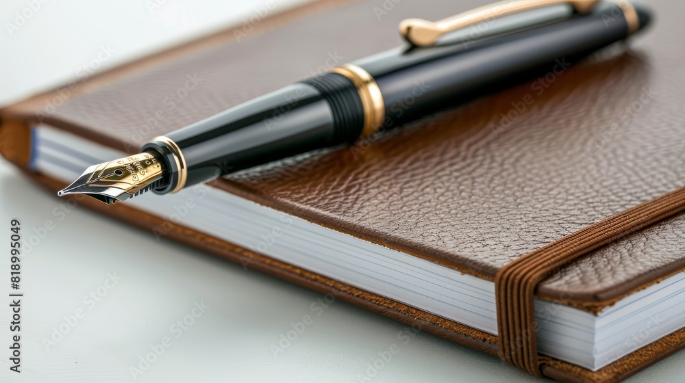 An elegant fountain pen resting on a closed leather-bound journal, symbolizing classic and timeless writing, with a sophisticated and professional setting, isolated white background, copy space An elegant fountain pen resting on a closed leather-bound journal, symbolizing classic and timeless writing, with a sophisticated and professional setting, isolated white background, copy space