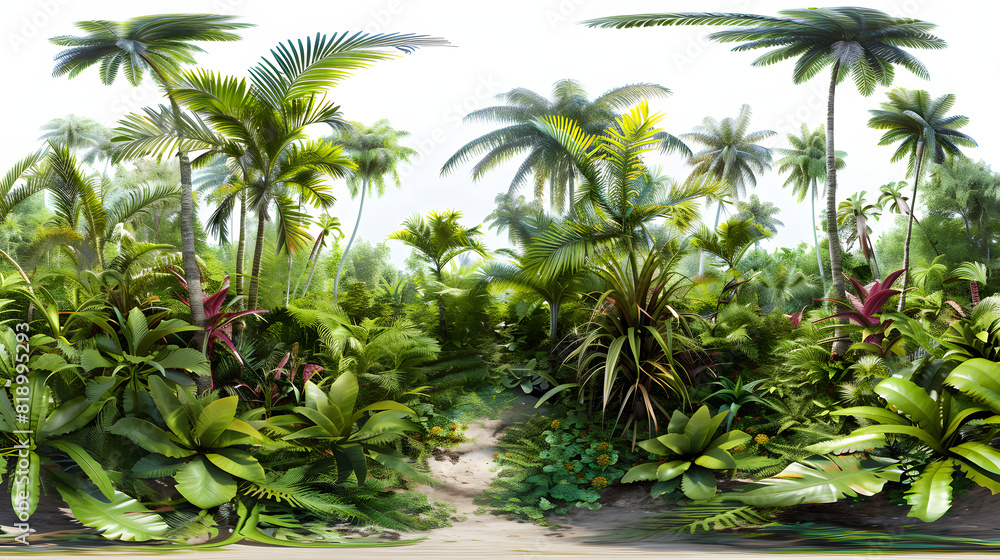 An immersive 360-degree equirectangular panorama of a lush tropical paradise, with vibrant rainforests teeming with exotic flora and isolated on white background, png

