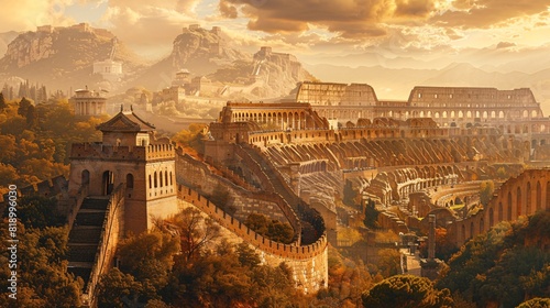 Artistic blend of the Great Wall of China and Roman Colosseum, showcasing historical wonders © growth.ai
