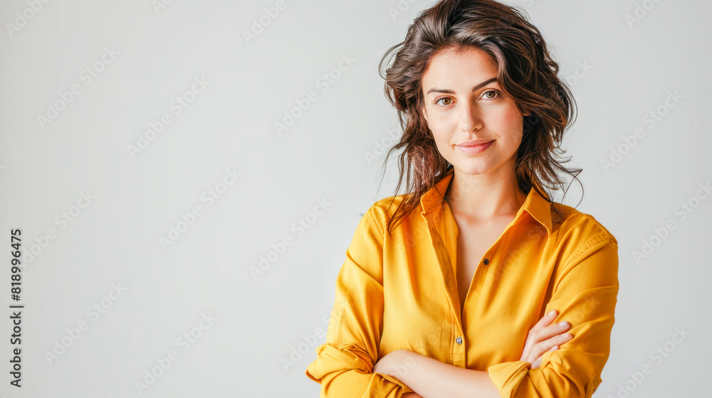Confident Woman with Arms Crossed in Yellow Shirt Confident Woman with Arms Crossed in Yellow Shirt