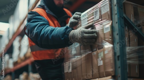 Close up of professional attractive warehouse worker hands checking product and leading goods. Skilled civil engineer moving the box in the factory or production lines. Focus on hands concept. AIG42. photo