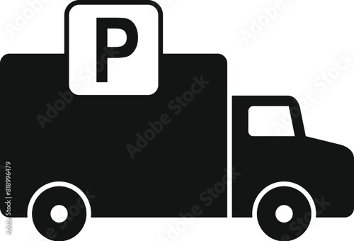 Black vector icon of a truck with a parking symbol, isolated on a white background