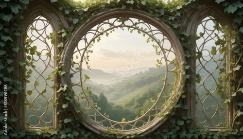 An inviting view through an ivy-covered arch window opening to a serene landscape, evoking a sense of magic and wonder.