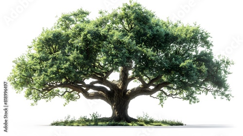 majestic beauty of a towering Oak tree  its lush green foliage standing out against a pure white background.