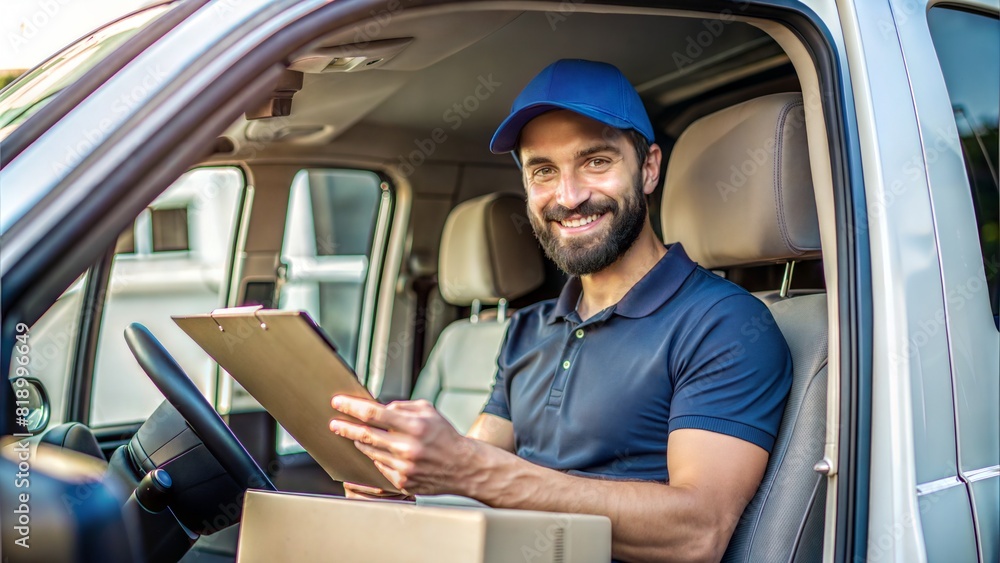 Delivery Driver in Van (16:9): A delivery driver seated in a van, holding a clipboard, ready for delivery.
Delivery Driver in Van (16:9): A delivery driver seated in a van, holding a clipboard, ready for delivery.