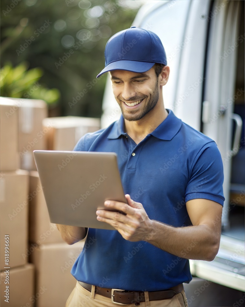 Courier with Digital Tablet (4:5): A courier using a digital tablet to confirm a delivery, focused on the device.
Courier with Digital Tablet (4:5): A courier using a digital tablet to confirm a delivery, focused on the device.