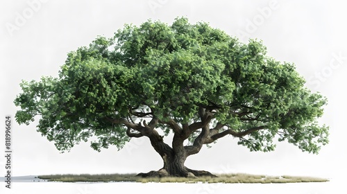majestic beauty of a towering Oak tree, its lush green foliage standing out against a pure white background.