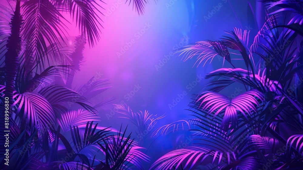 Illustration of a tropical background in neon light in retro style  