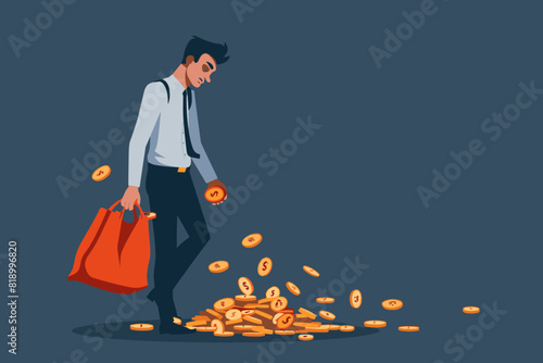 Businessman with Leaky Bag Losing Coins Illustrating Financial Mismanagement photo