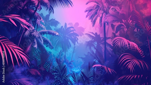 Illustration of a tropical background in neon light in retro style 