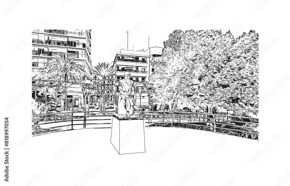 Print Building view with landmark of Santa Pola is a coastal town in Spain. Hand drawn sketch illustration in vector.