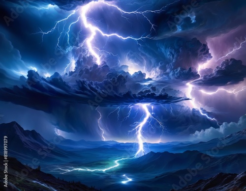 A powerful electric storm rages over a rugged landscape, with lightning illuminating a snaking river and dense clouds churning above.. AI Generation