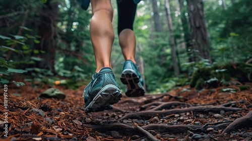 Lady trail runner on forest path with close up of trail running shoes. 