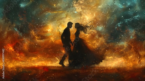 Couple's Cosmic Embrace in Celestial Galaxy Landscape