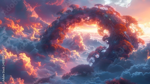 Dramatic fiery sunset cloud formations over a turbulent,moody sky photo