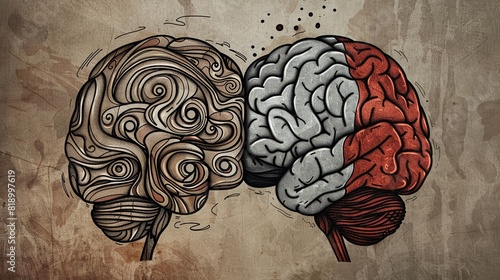 Left right human brain concept, textured illustration. Creative left and right part of human brain, emotial and logic parts concept with social and business doodle illustration of left side, and art   photo