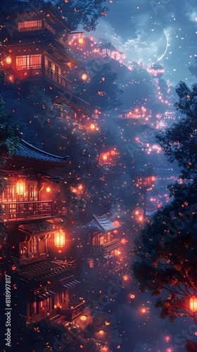 Enchanting Winter Wonderland of Glowing Chinese Lanterns and Dazzling Fireworks in a Festive of Culture and Tradition