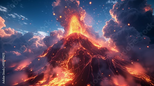 A symphony of light and sound erupting from a digital volcano, casting a mesmerizing display of pixelated lava against a backdrop of glowing skies. 32k, full ultra hd, high resolution photo