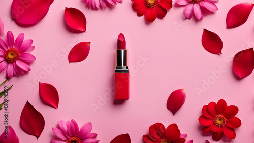a lipstick with a red lipstick stick surrounded by flowers