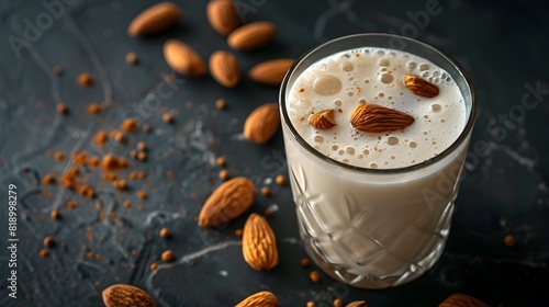 refinement of a cool, frothy badam milk, almonds suspended in a creamy canvas, promising a sip of indulgent tranquility photo
