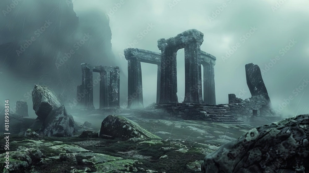 mysterious ancient ruins enigmatic stone structures shrouded in fog concept illustration mysterious ancient ruins enigmatic stone structures shrouded in fog concept illustration
