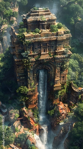 Towering Mystical Temple Amid Cascading Waterfall in Lush Jungle Landscape