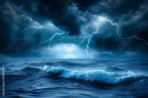 The vast ocean under the stormy sky, with lightning and thunder in dark blue tones, surrounded by huge waves