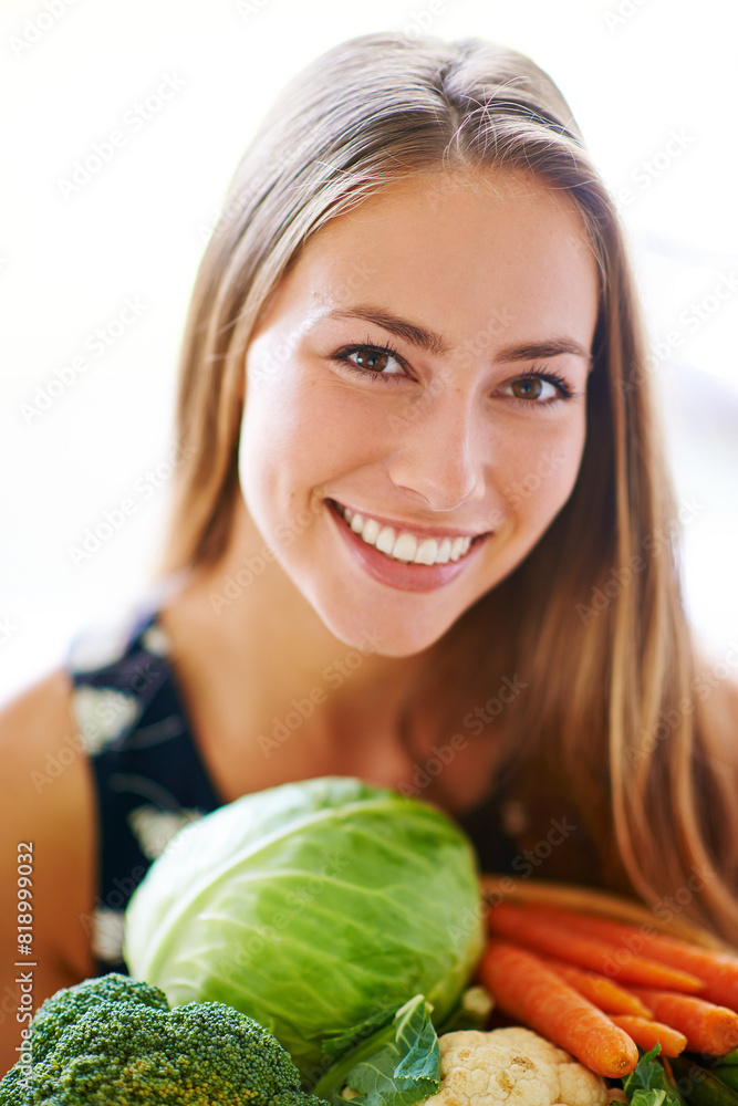 Happy, portrait and woman with vegetables on kitchen counter for health, nutrition and wellness. Smile, nutritionist and groceries for diet, vegan and home in apartment for meal prep and cooking Happy, portrait and woman with vegetables on kitchen counter for health, nutrition and wellness. Smile, nutritionist and groceries for diet, vegan and home in apartment for meal prep and cooking